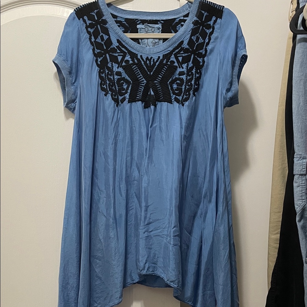 Johnny Was Sky Blue Blouse with Black Embroidery